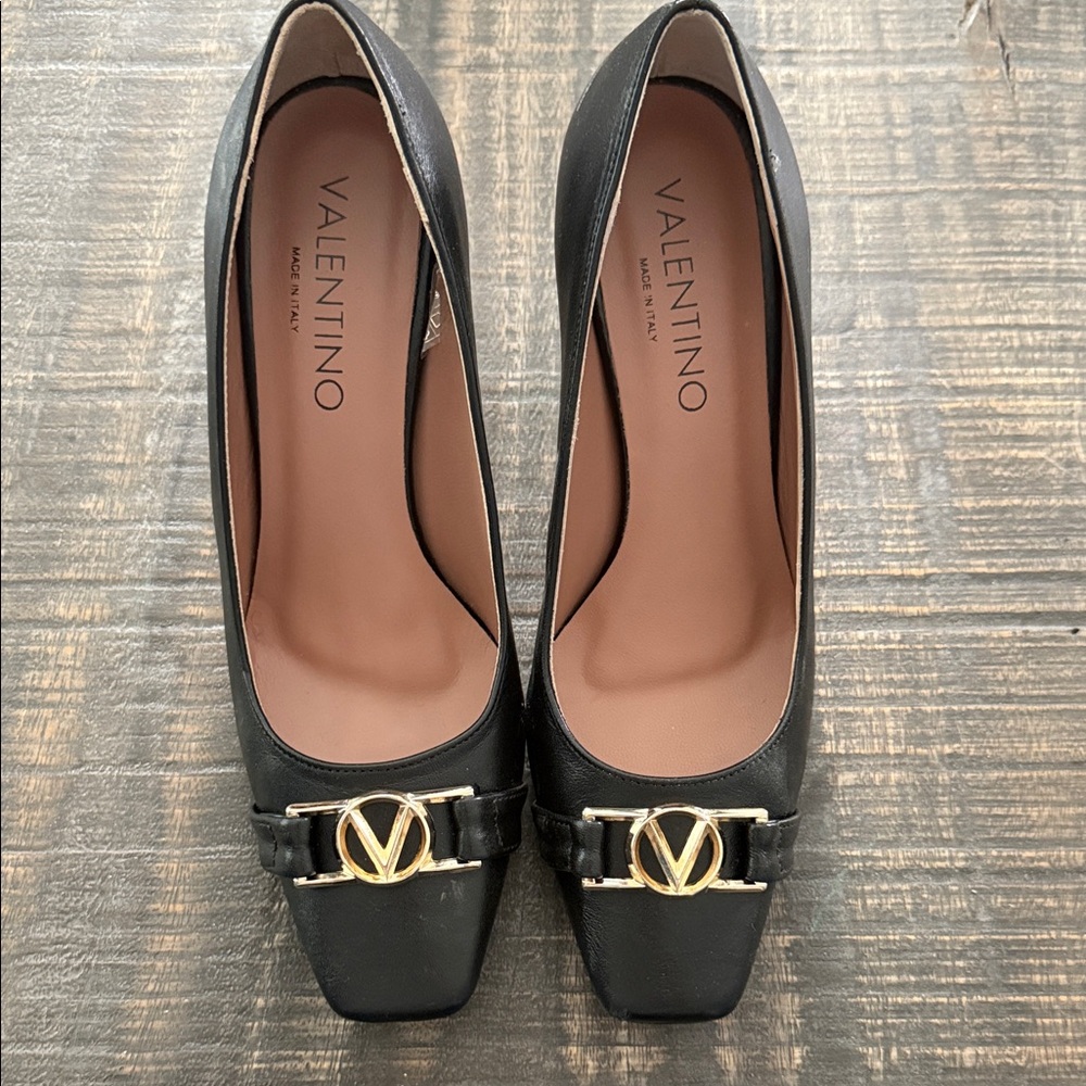 Valentino by Mario Valentino Black Heels with Gold Emblem